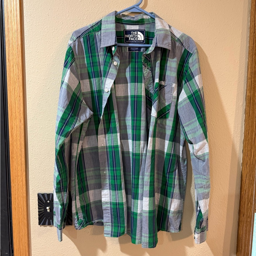 The North Face Men's Blue and Green Plaid Shirt